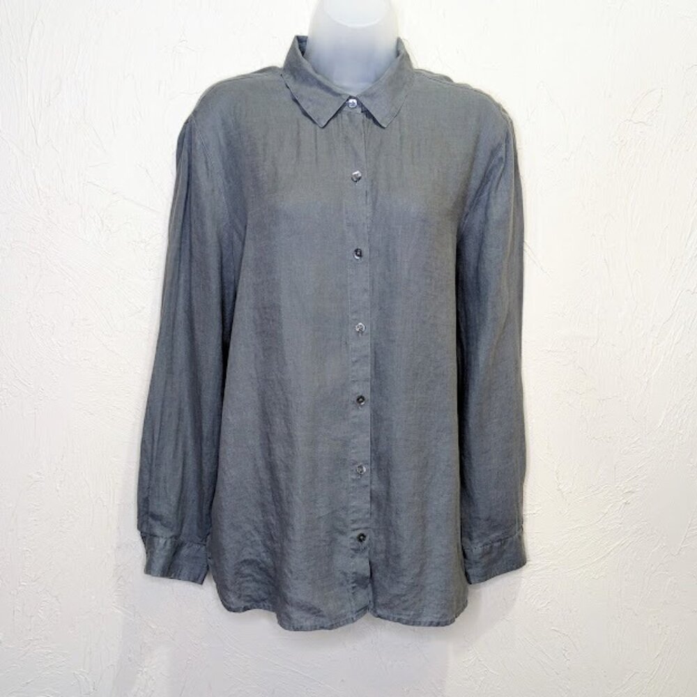 J. Jill Gray Linen Button Down Womens M Lightweight Casual Love Linen Top